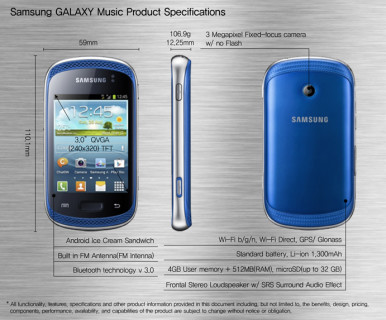 Za sada su obelodanjeni samo pojedini detalji specifikacije modela Galaxy Music